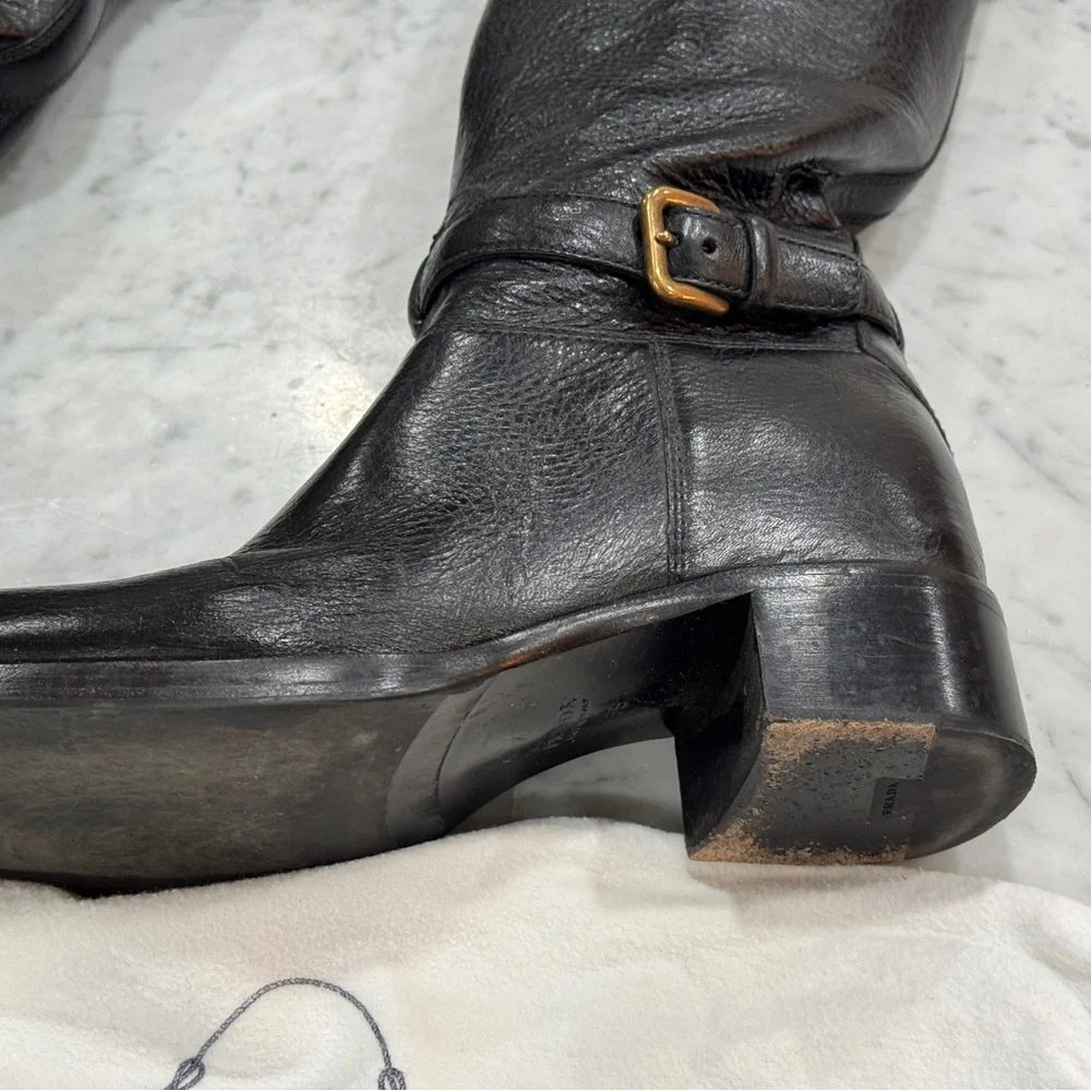 Prada Black Leather Tall Boots with Gold Logo Emblem - Picture 8 of 12